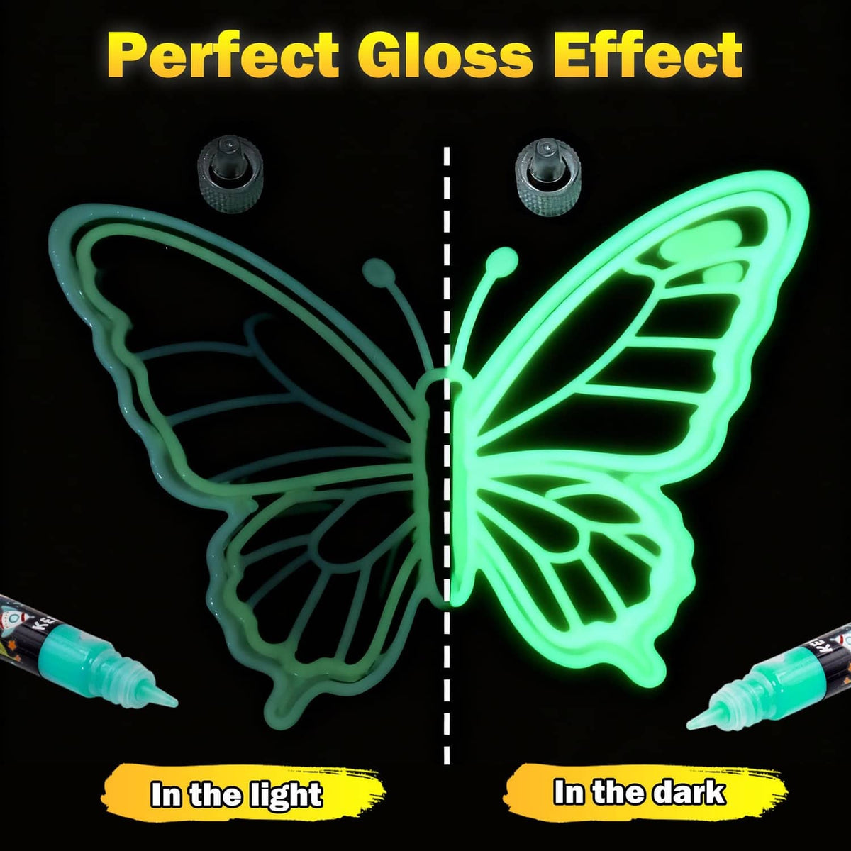 Glow paint outline butterfly with bright green luminescent wings and two squeeze tips