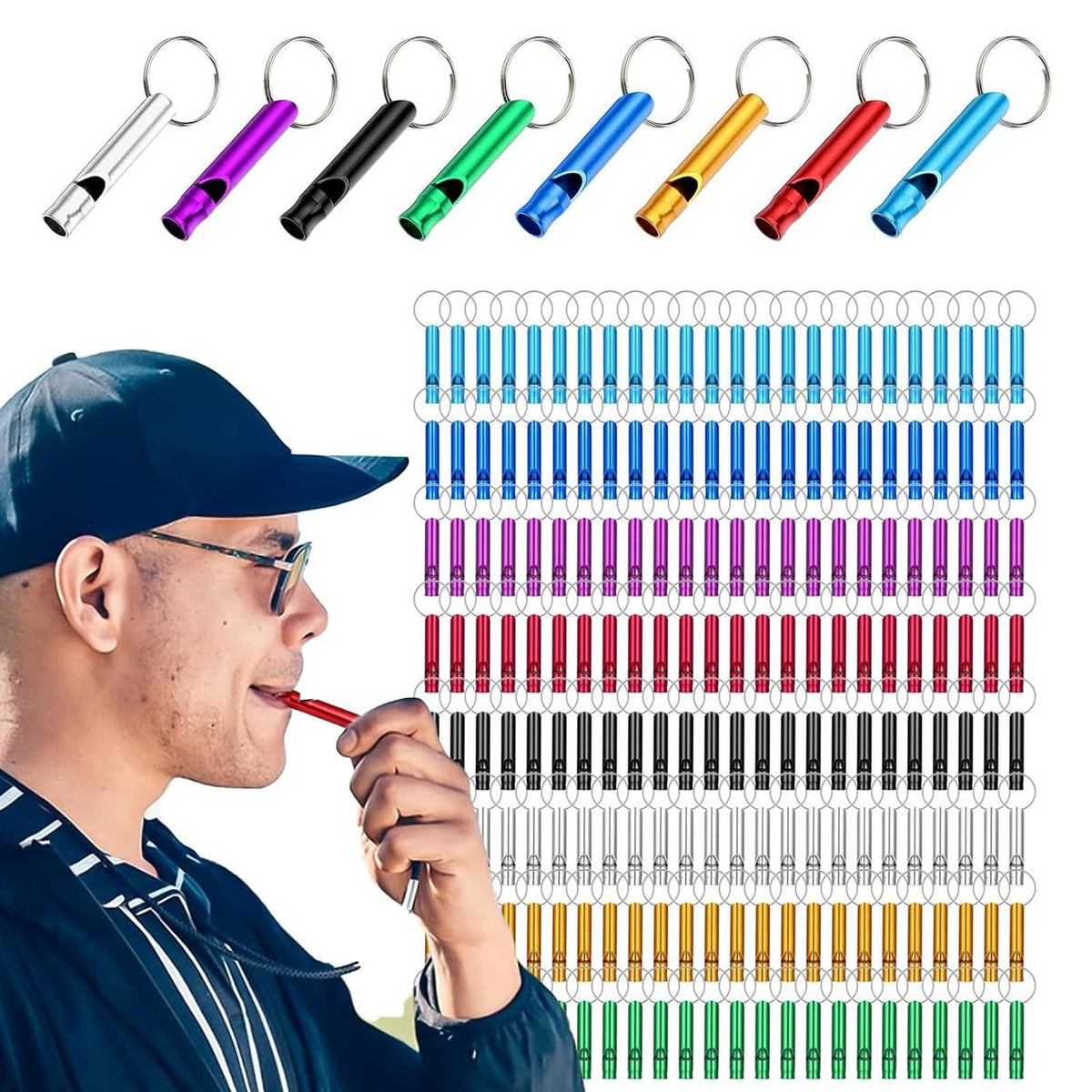 Bulk set of multicolor aluminum whistle keychains with metal loops and whistle bodies