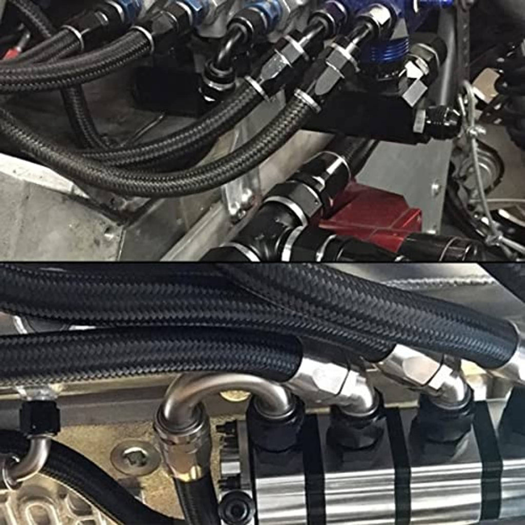 Black flare reducer fittings on a vehicle engine with braided fuel hoses