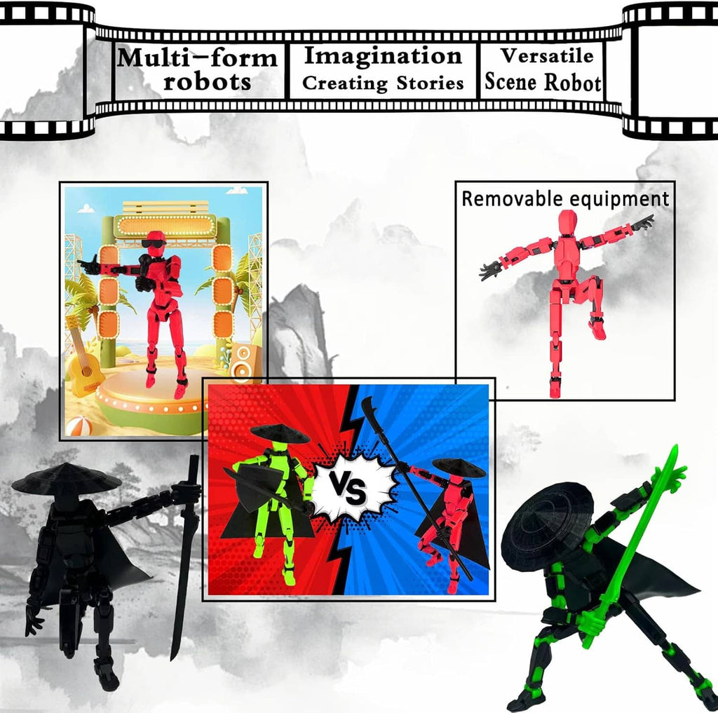 Red-and-black action figure with removable equipment and weapon parts, multi-panel layout