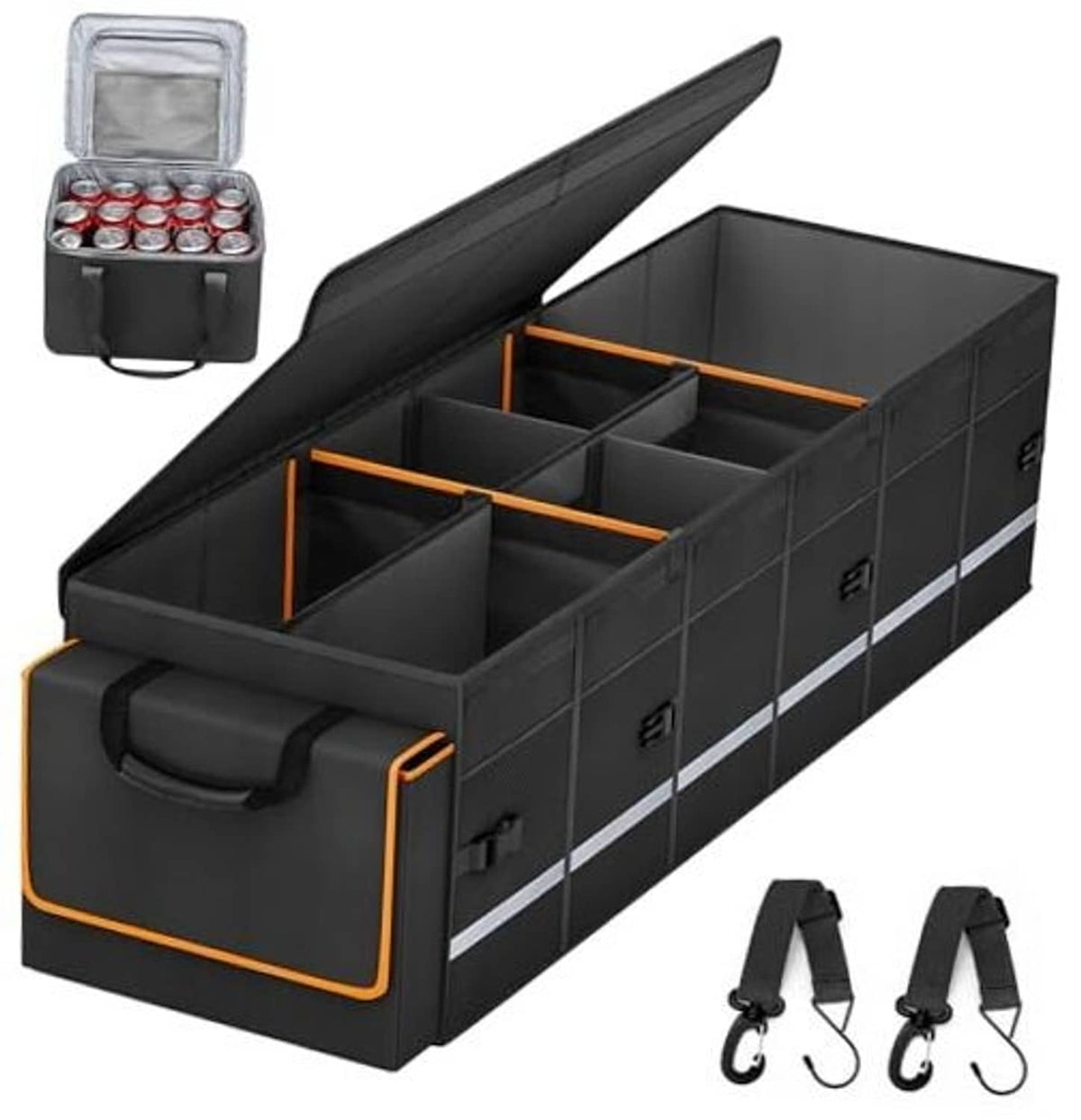 Black car trunk storage organizer with hinged lid, orange trim, and multiple removable bins