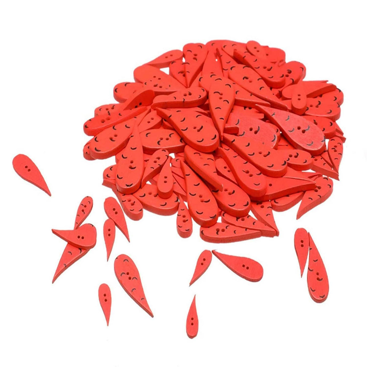 Red water-drop wooden buttons with cute face markings, assorted pack