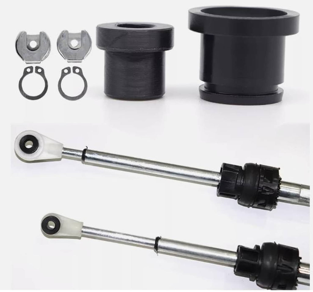 Shift cable bushing kit parts: black sleeves, metal clips, and two short link rods