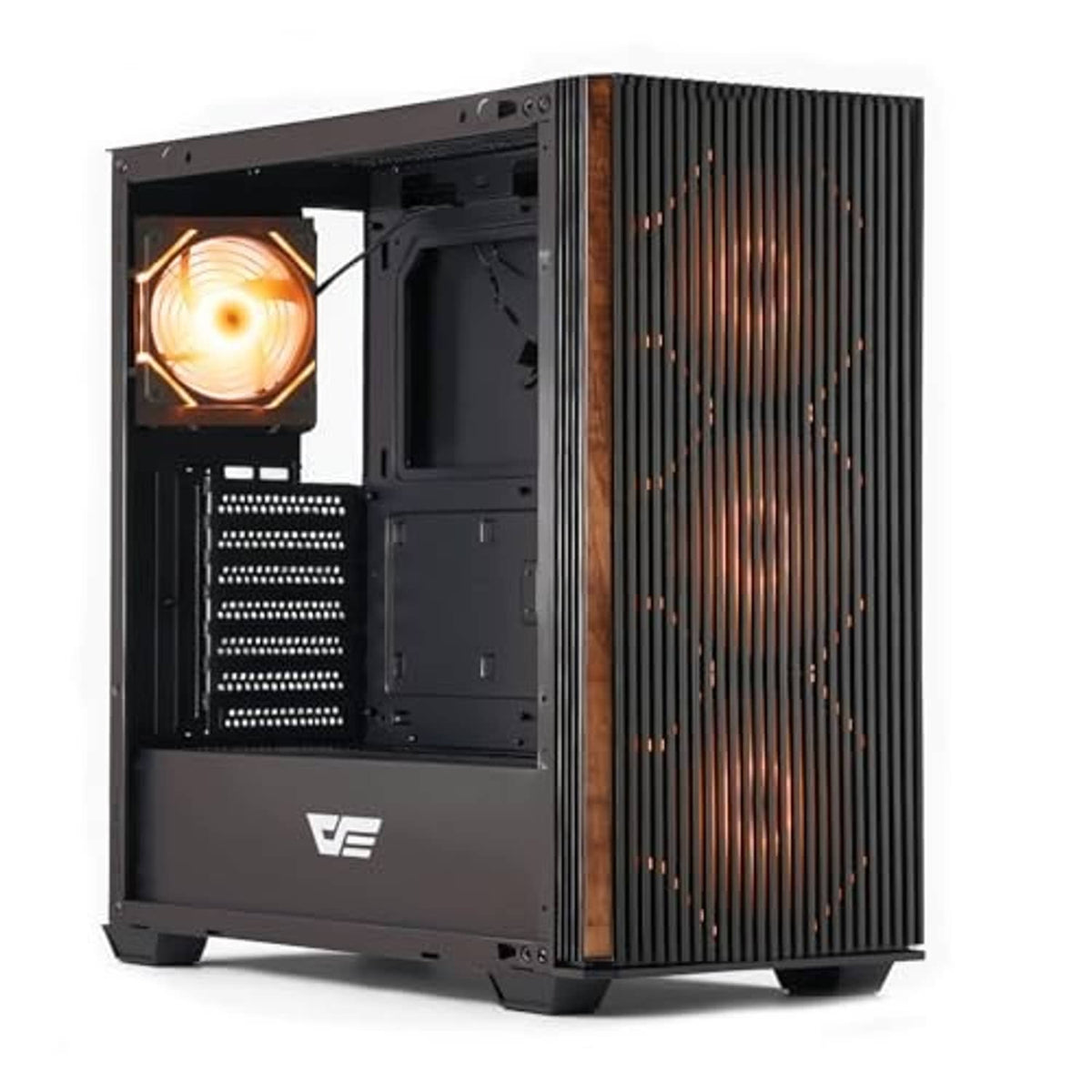 ATX PC case with black frame and tall walnut wood slat side panel