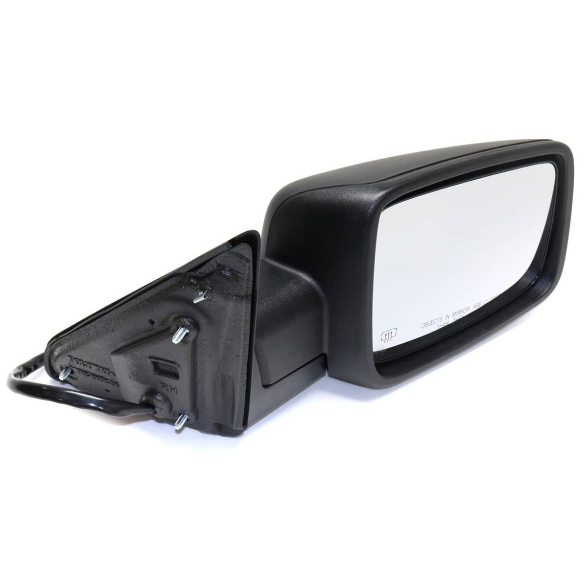 Power heated side door mirror with black housing and clear glass, side view