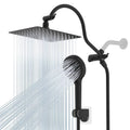 Matte black square rainfall shower head with handheld sprayer and flexible hose