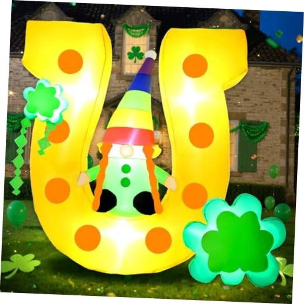 Inflatable St. Patrick's Day gnome decoration, yellow arch with rainbow hat and green clover