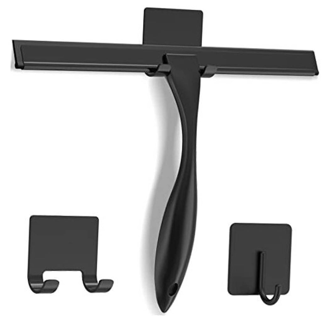 Black shower squeegee with stainless steel handle and included mounting clips