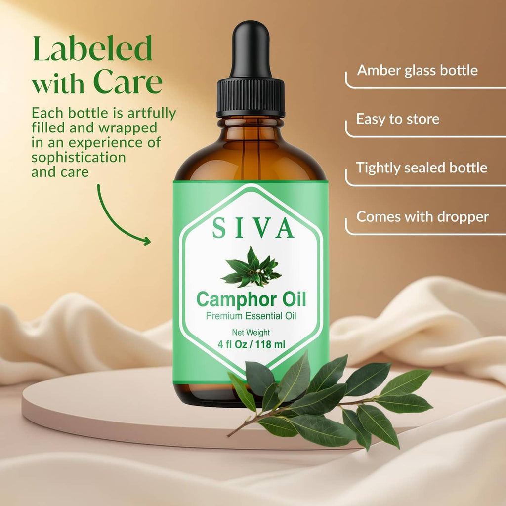 SIVA camphor essential oil bottle with black dropper and green label