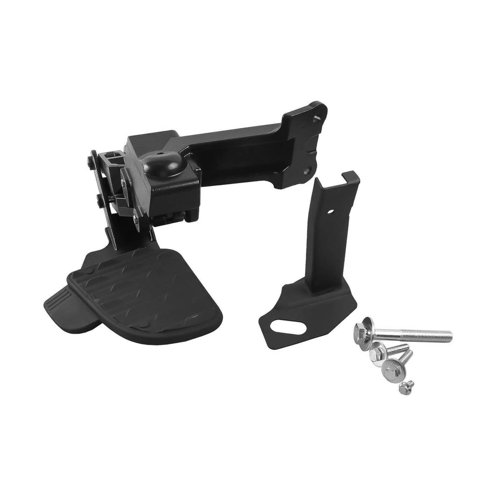 Retractable side bed step with mounting bracket and foot pad, black finish