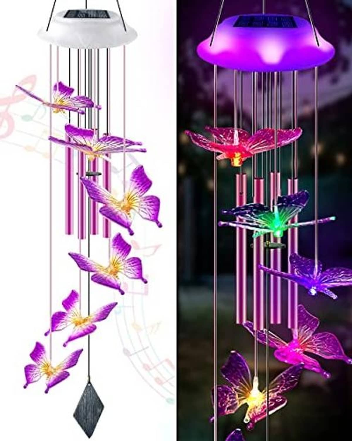Solar wind chime with purple butterfly accents, multicolor glow tubes, and hanging diamond weight