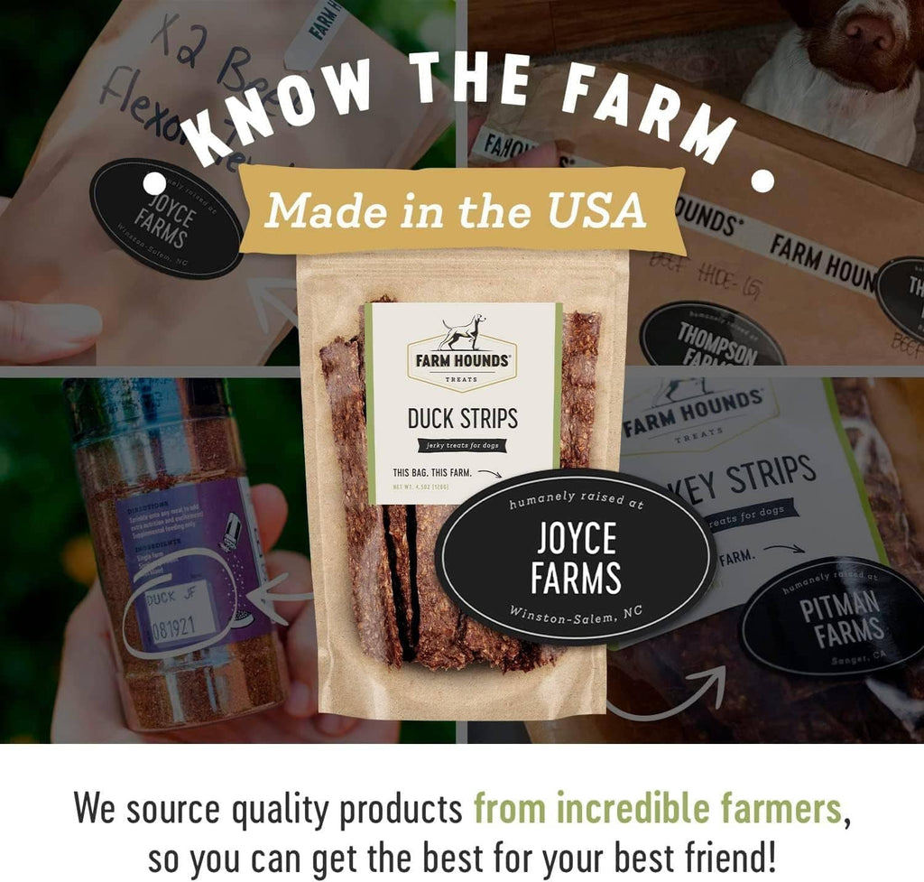 Farm Hounds duck strips pouches with “Made in the USA” banner and stacked treat bags
