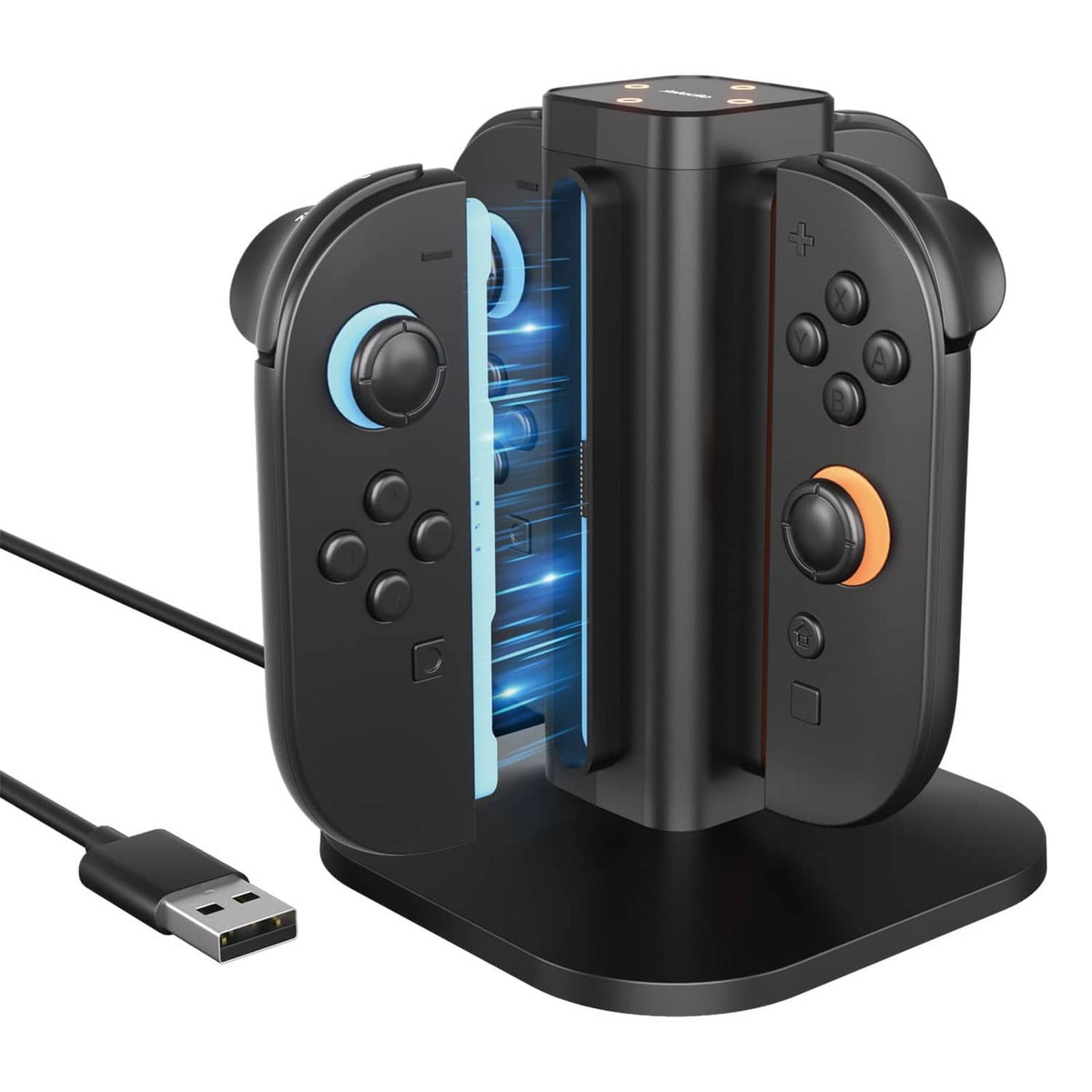 Quad Joy-Con charging station with two controllers docked, blue charging light visible
