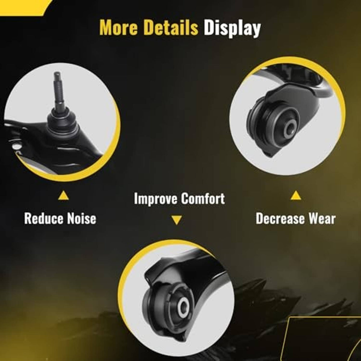 Control arm upgrade details graphic with close-ups of ball joint and bushing