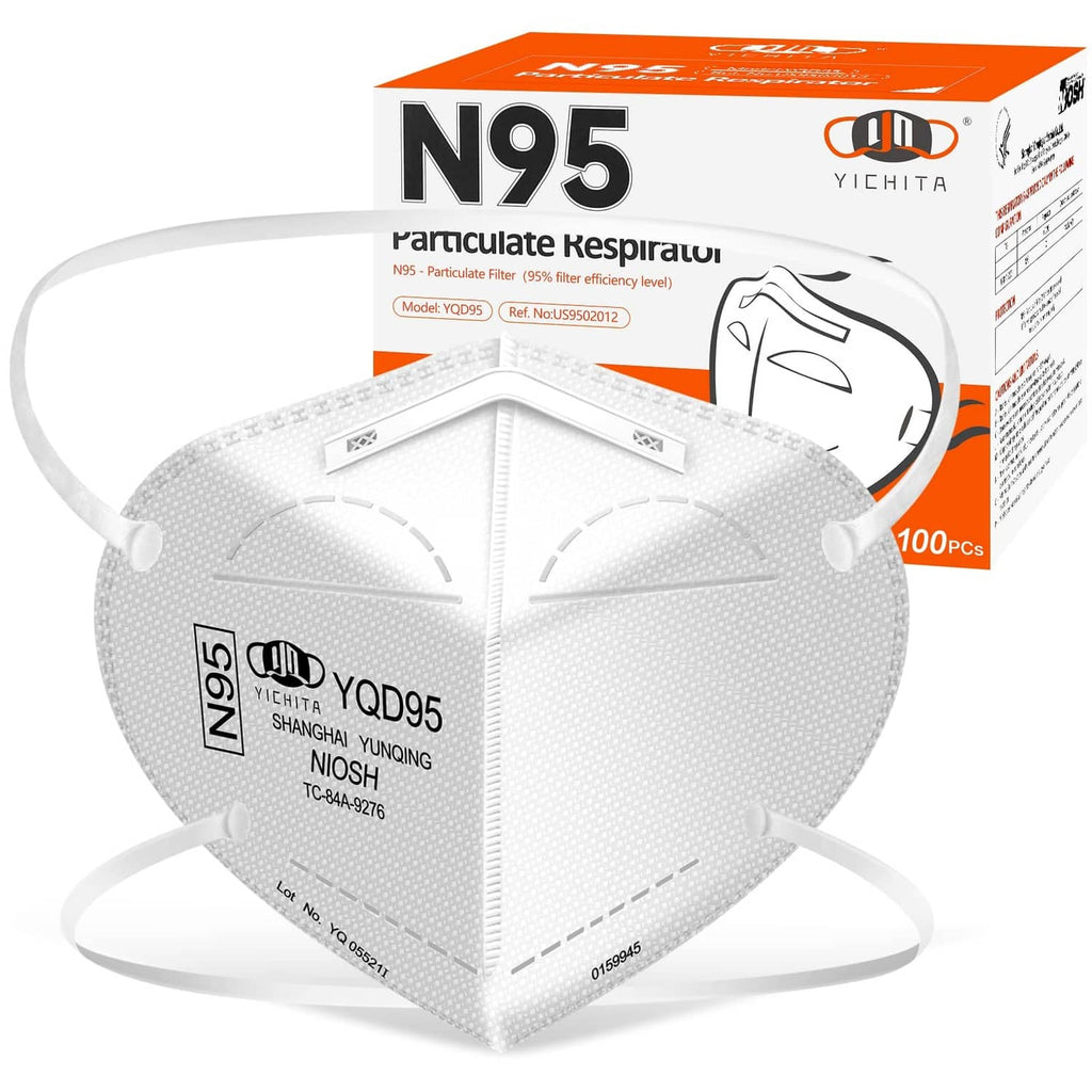 White N95 respirator mask with elastic straps, front valve and pleated fold