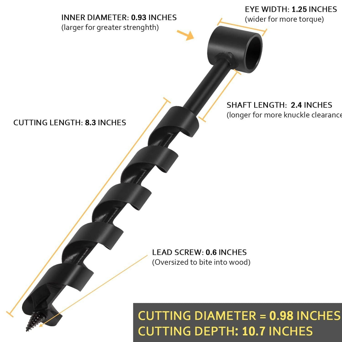Black wood auger drill bit with eye opening and spiral flutes shown in diagram