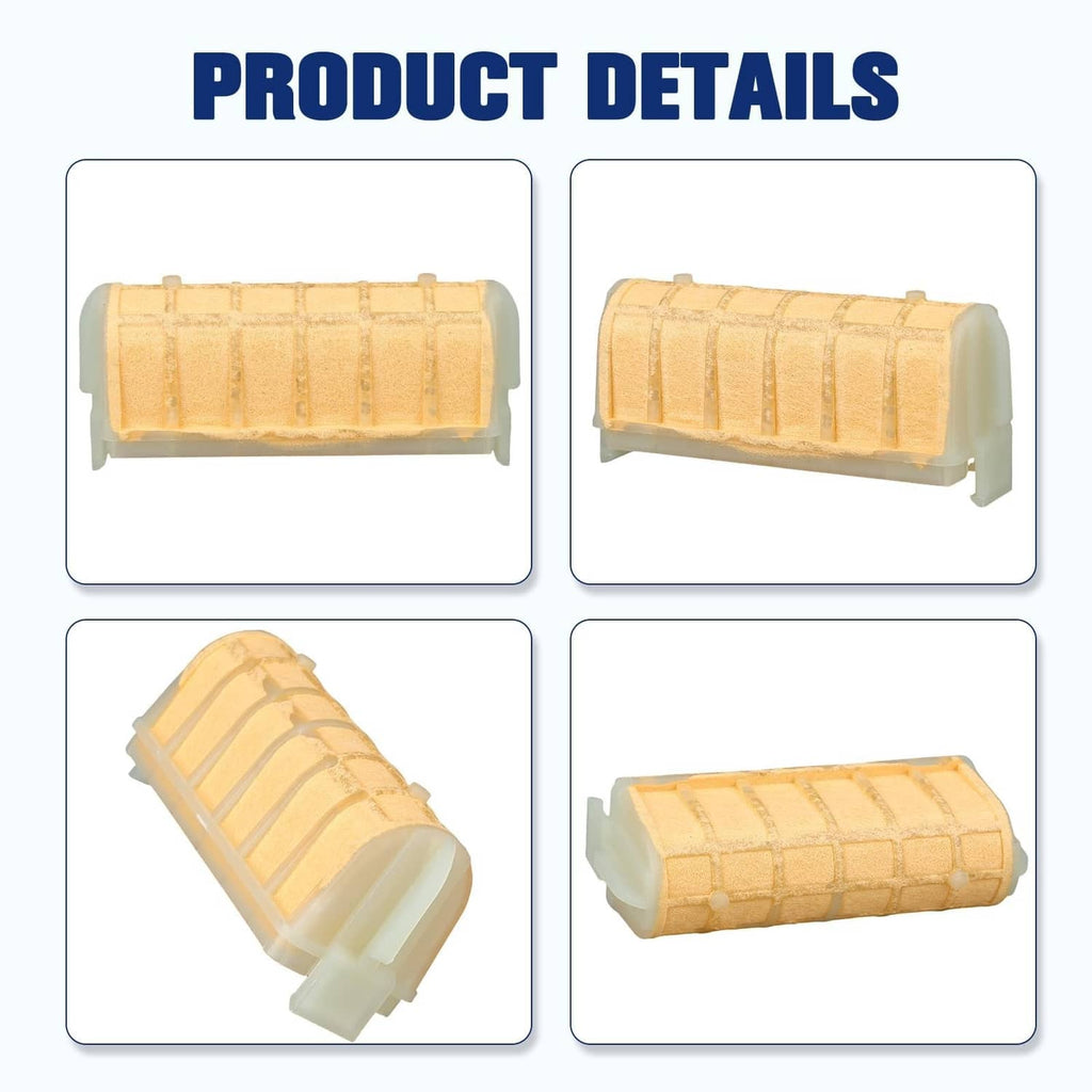Air filter kit with tan cartridges shown in four views, plastic housing included.