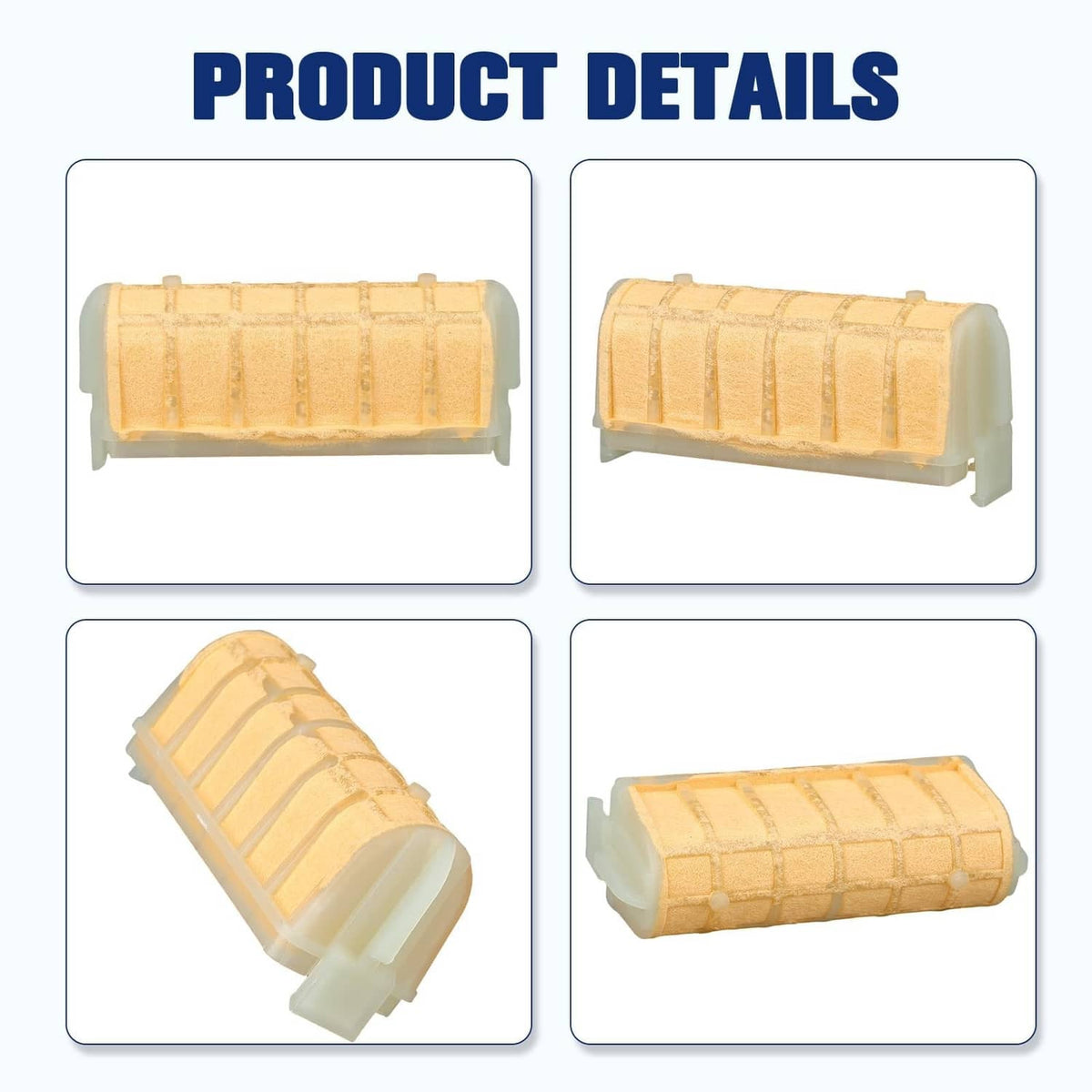 Air filter kit with tan cartridges shown in four views, plastic housing included.