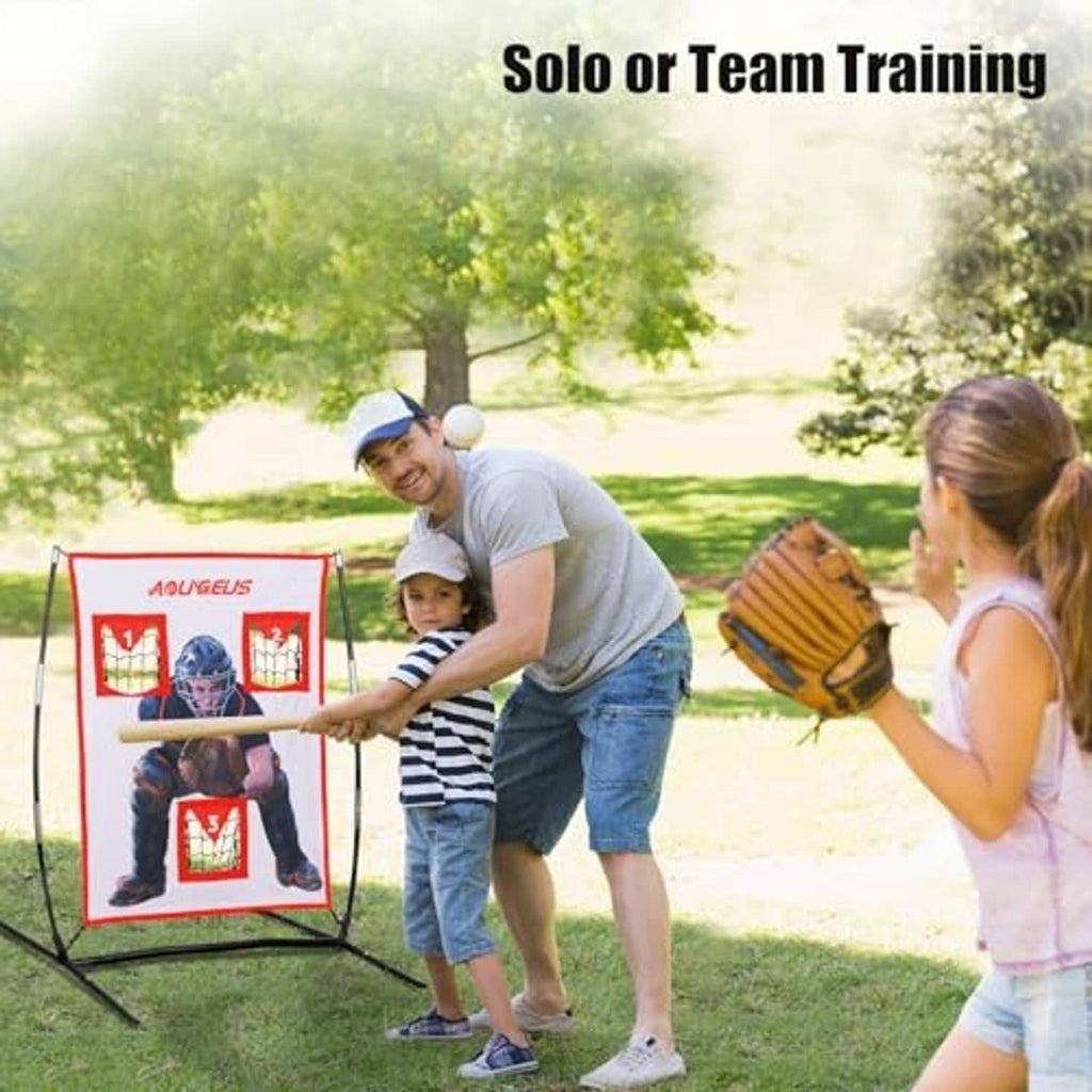 Baseball pitching target net with three red pockets and a catcher, for solo or team