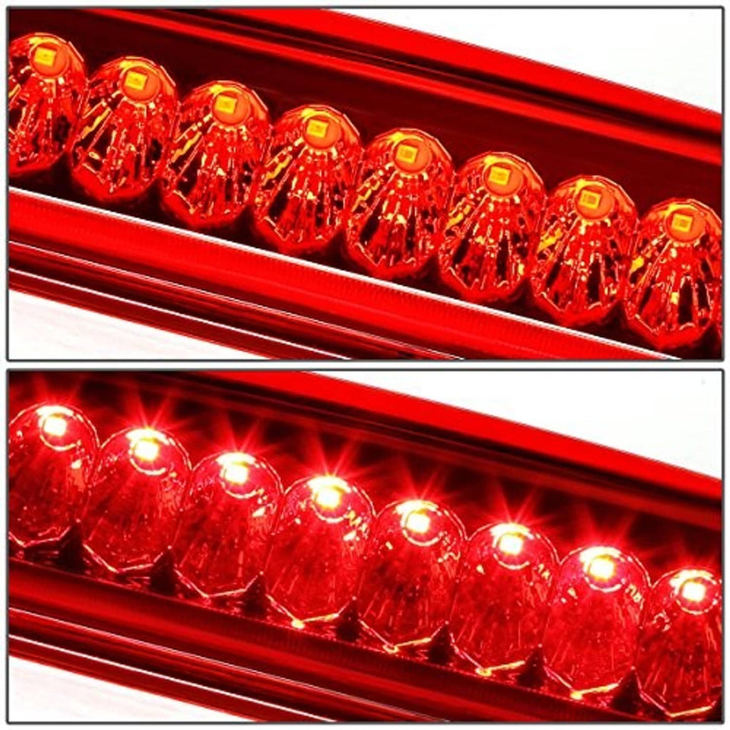 Close-up of glowing red LED third brake light with circular LED modules