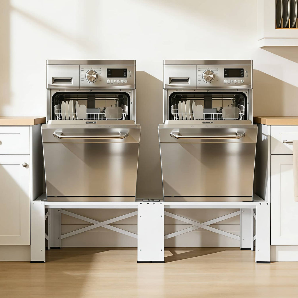 White laundry pedestal organizer with two open compartments and lift platforms