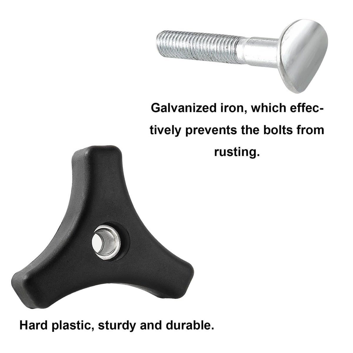 Black plastic handle knob with threaded metal insert and silver bolt