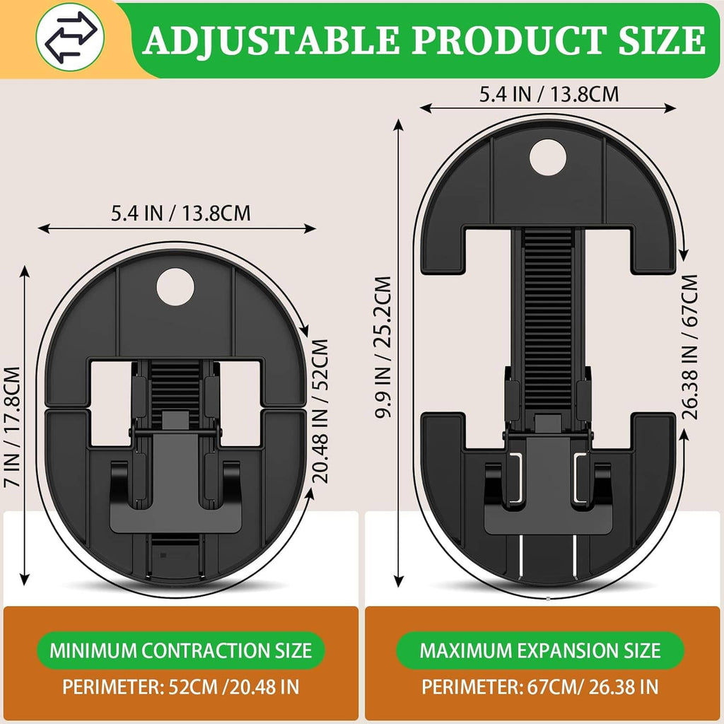 Adjustable hat stretcher size diagram with front and side measurements