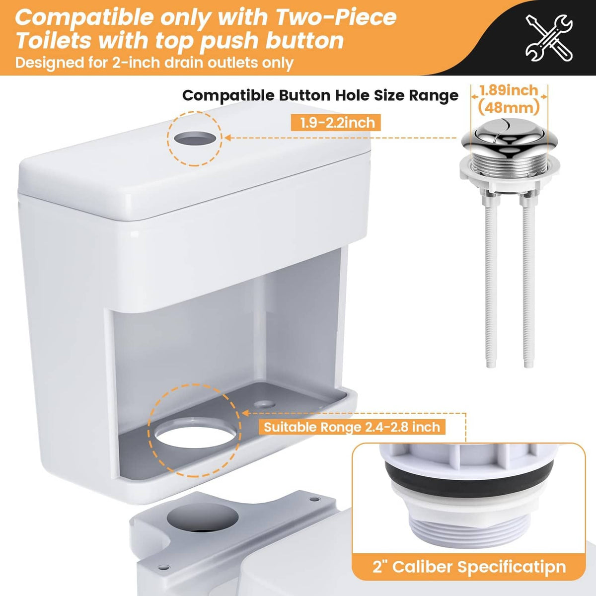Two-piece toilet dual flush button and valve replacement kit for top push installation