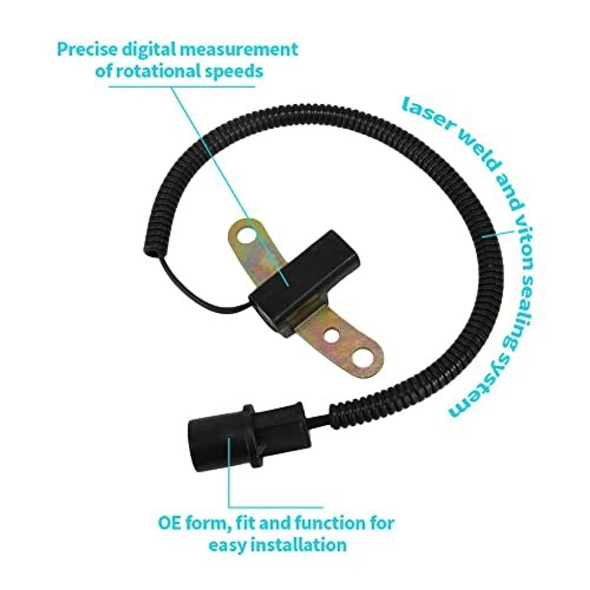 Crankshaft position sensor with black harness and metal mounting bracket