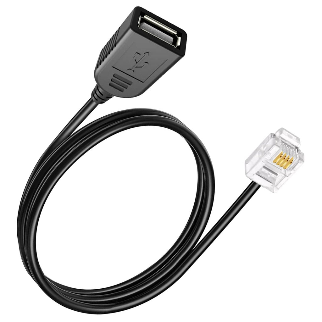 Black USB-A to RJ11 6P4C adapter cable, 30 cm