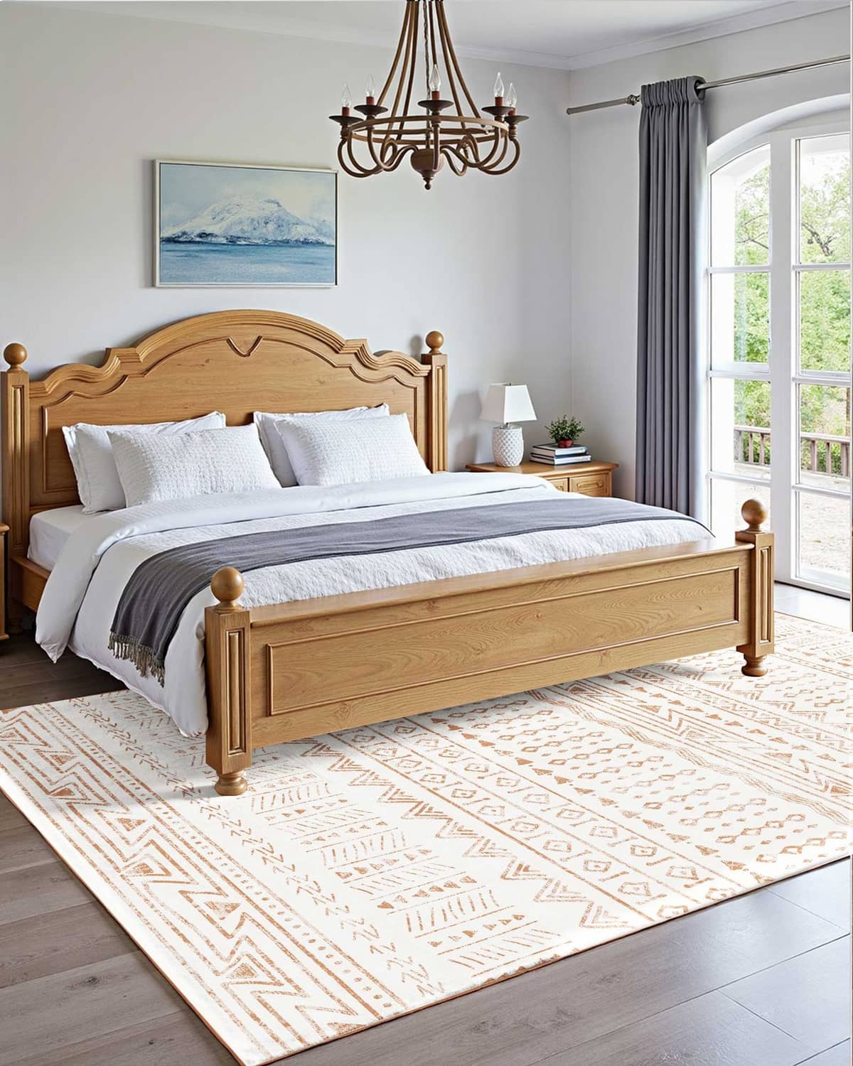 Beige patterned area rug under bed, orange tribal border and repeating motifs