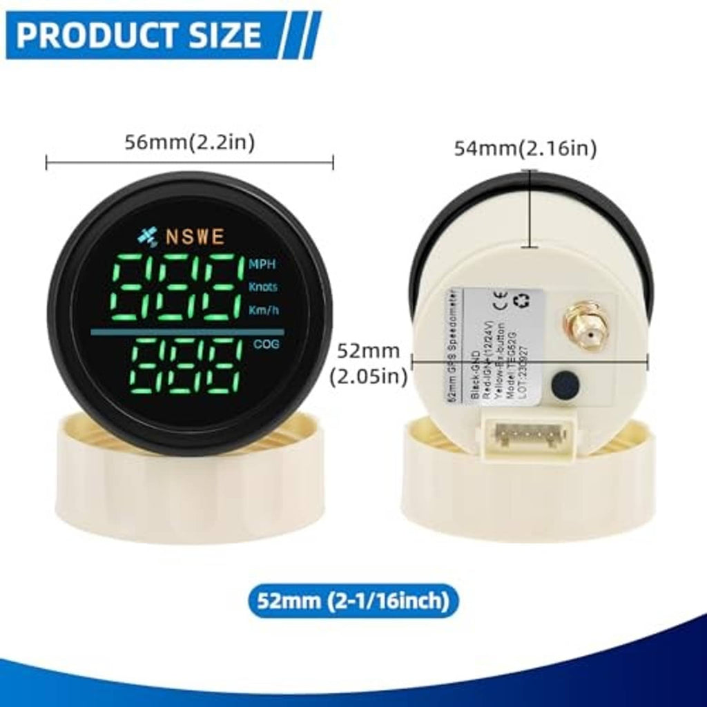Round GPS speedometer gauge with front display and rear connector; size shown around 52 mm