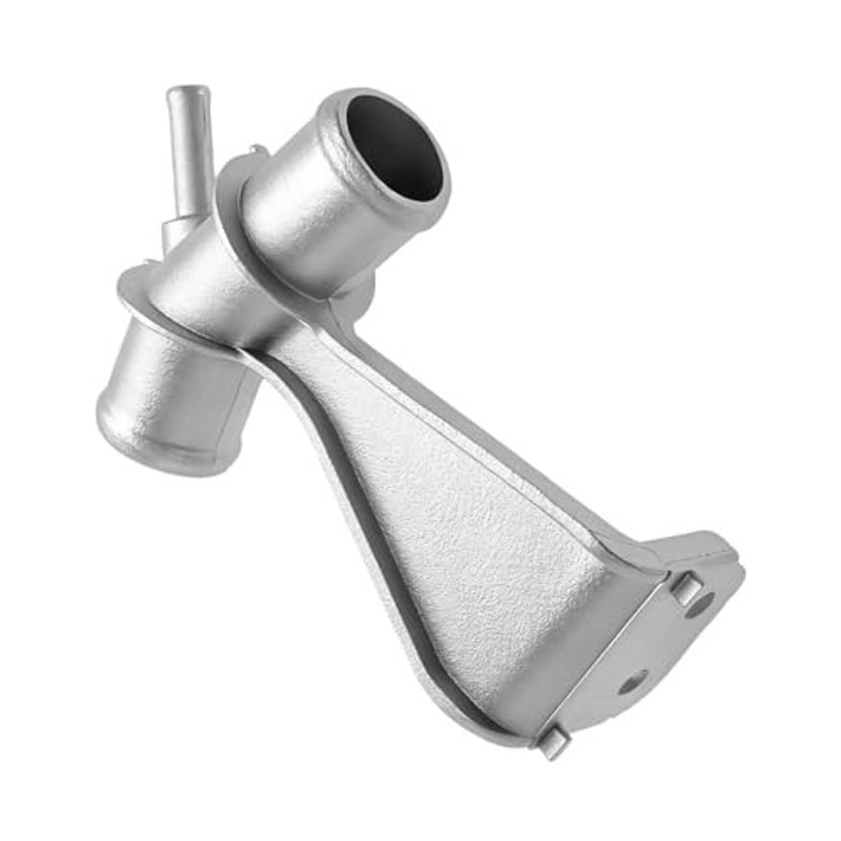 Silver coolant pipe with curved bracket and cylindrical hose outlet opening