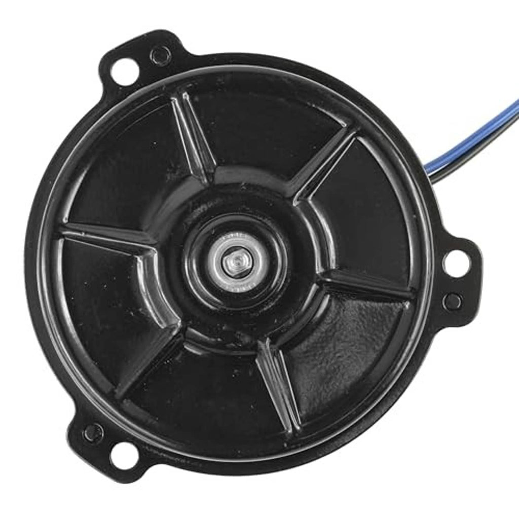 Radiator cooling fan motor top view with round black housing and center fastener