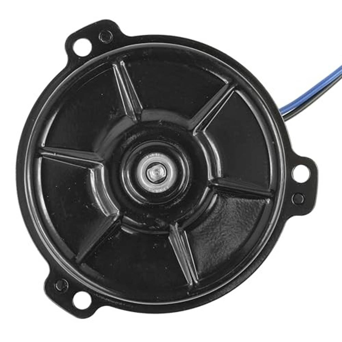 Radiator cooling fan motor top view with round black housing and center fastener