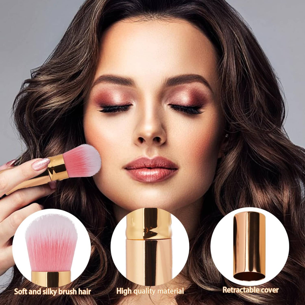 Retractable blusher brush with pink bristles in hand, champagne-gold retractable cover