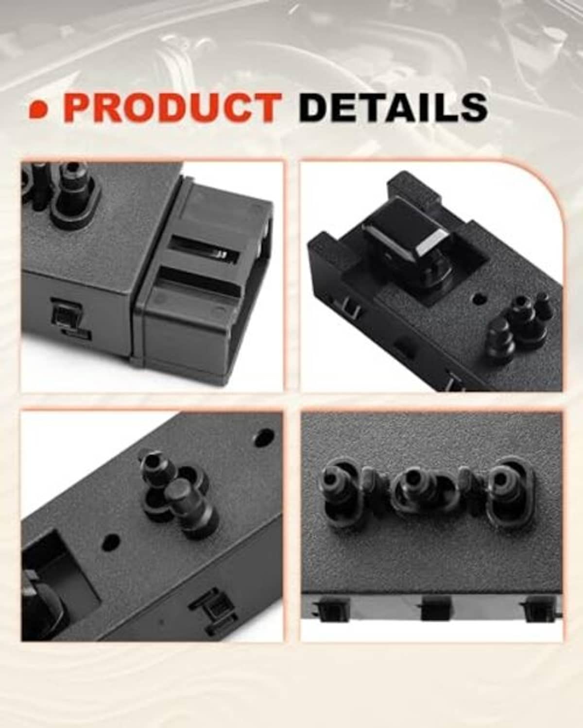 Power seat adjustment switch detail view with connector ports and mounting posts