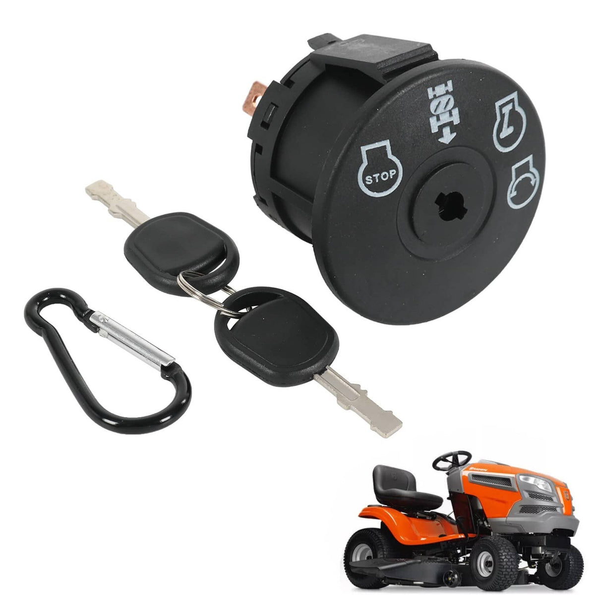 Black ignition switch starter with two keys and metal key ring clip.