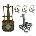 Hunting tree saddle harness system with green straps and padded seat pouch