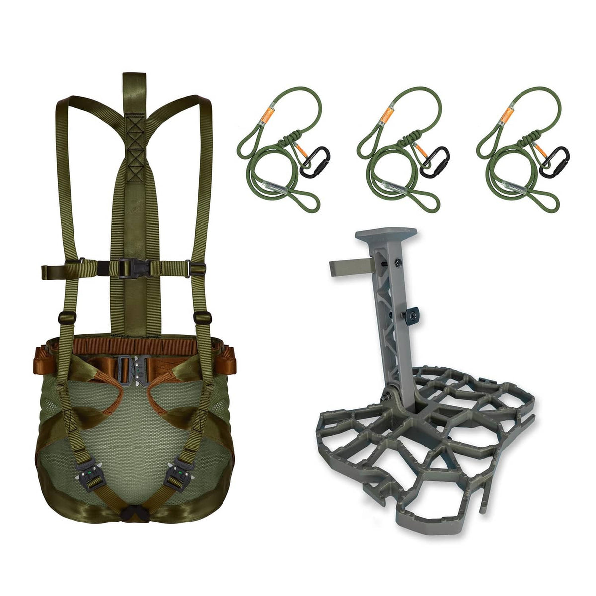 Hunting tree saddle harness system with green straps and padded seat pouch