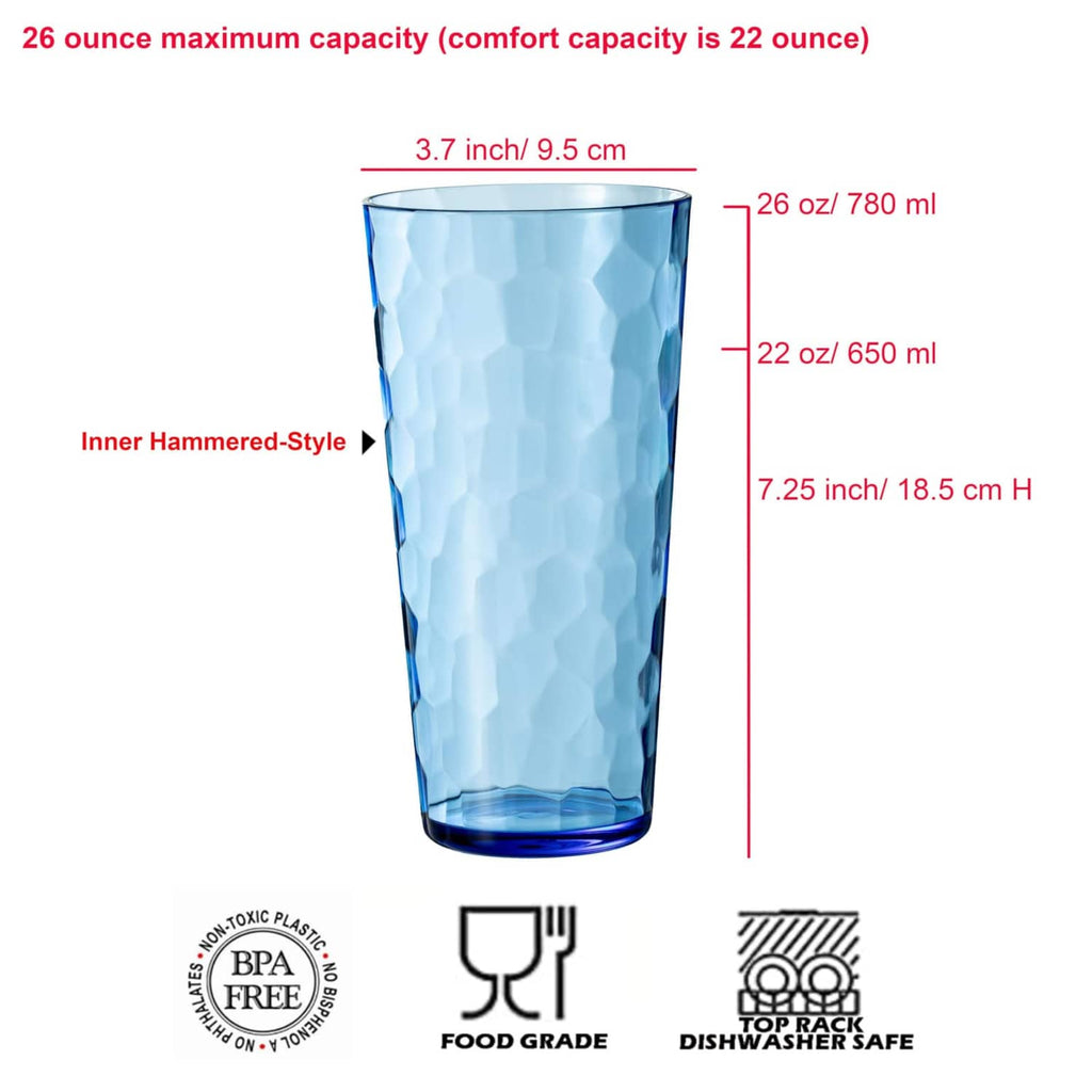 Blue hammered acrylic highball tumbler with faceted sides and wide top