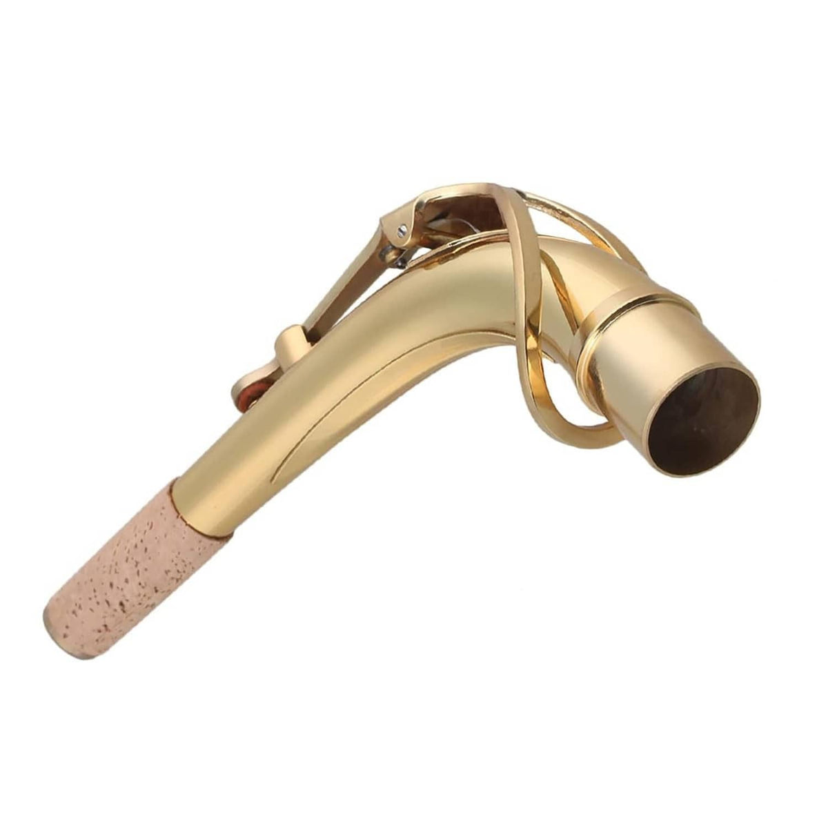 Brass bend neck for alto saxophone with curved tube and cork grip