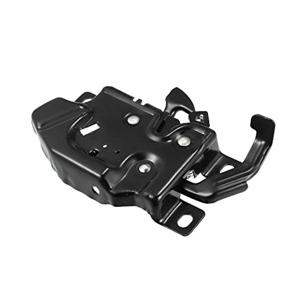 Black hood latch lock with metal brackets and hook, close-up view