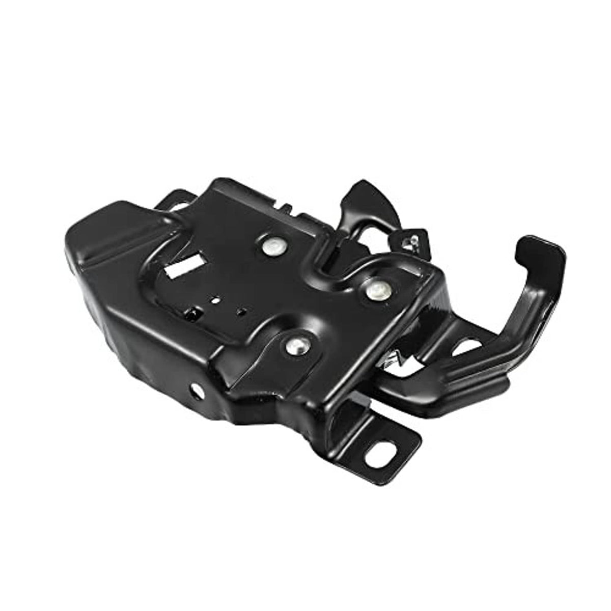 Black hood latch lock with metal brackets and hook, close-up view