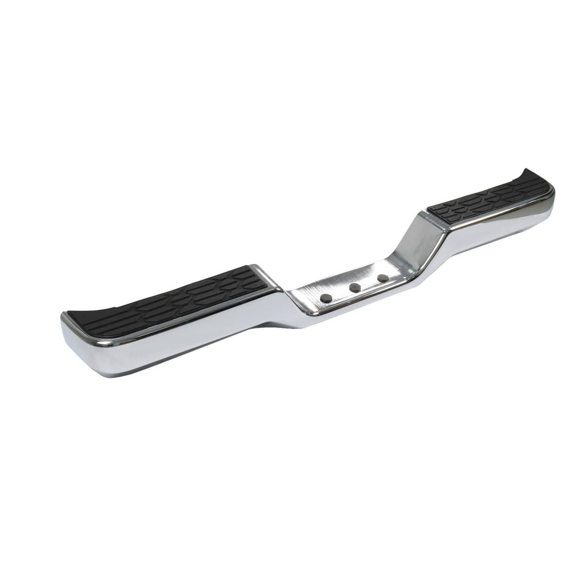 Chrome rear step bumper face bar with textured black pads and side mounting bracket holes