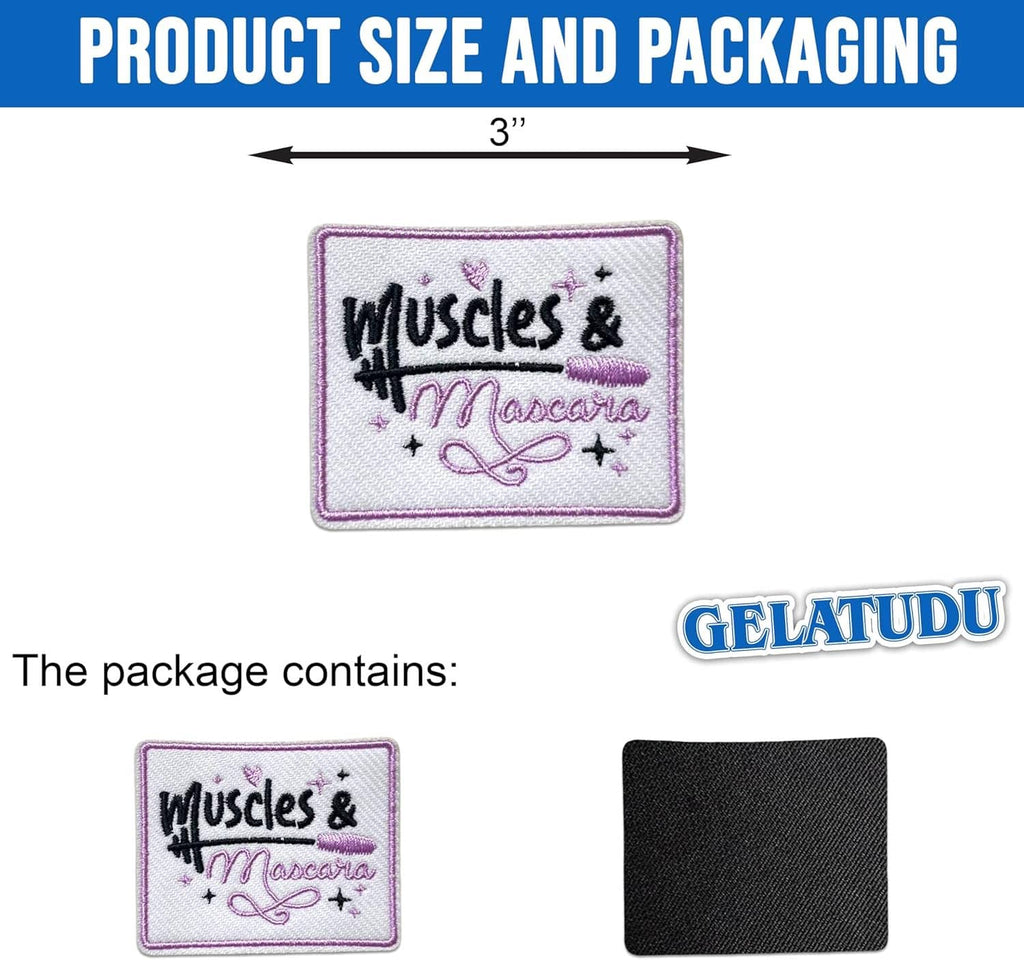 3-inch embroidered 'Muscles & Mascara' patch with purple border; includes backing square.