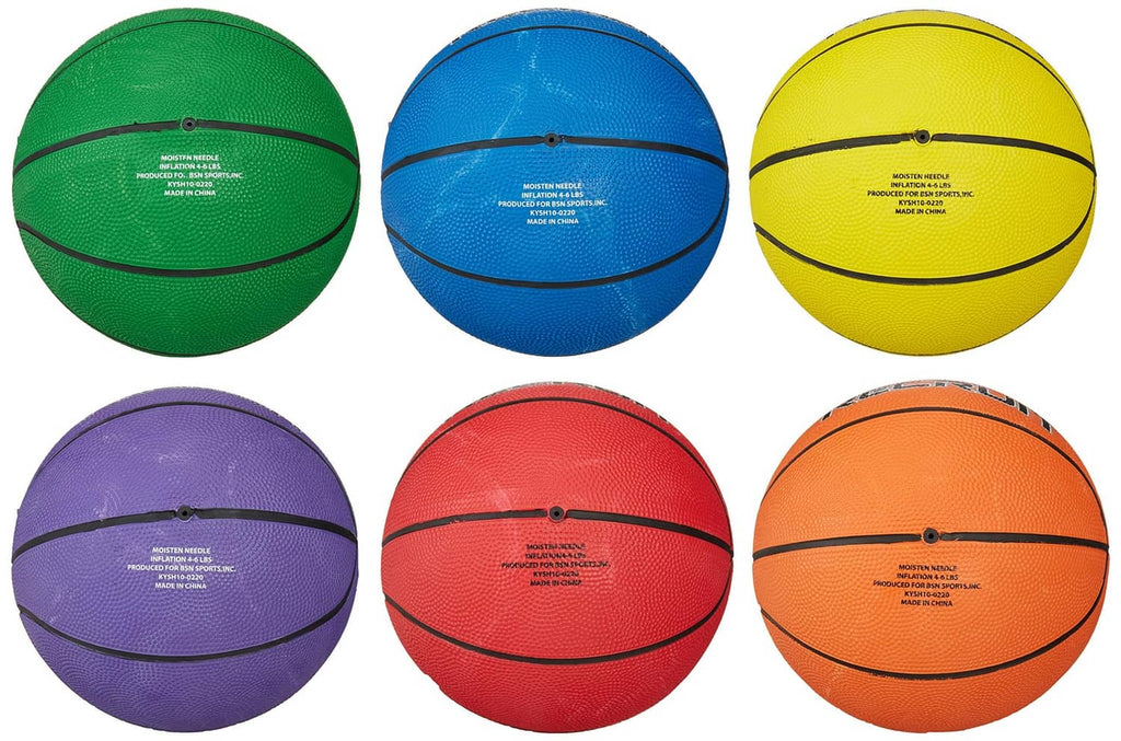 Kids rubber Recruit basketball set: green, blue, yellow, purple, red, orange.