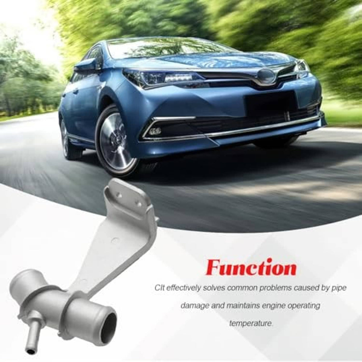 Car coolant outlet pipe with silver finish and mounting bracket, product-focused view