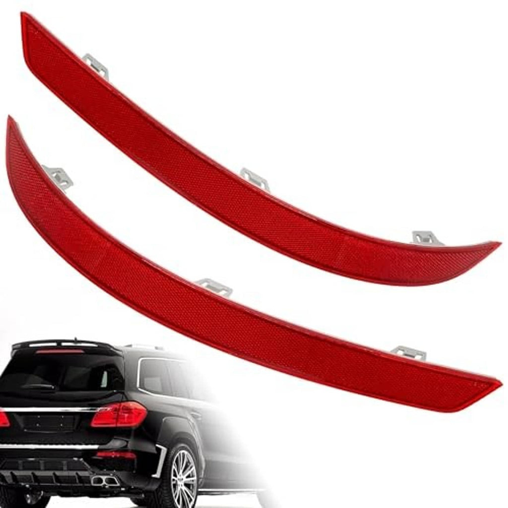 Two red curved rear bumper reflectors with textured finish and metal mounting tabs
