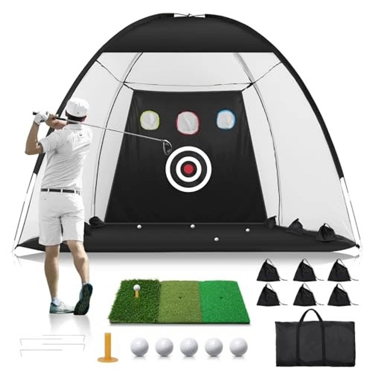 Black and white golf practice net with target screen, turf mat, golf balls, and carry bag